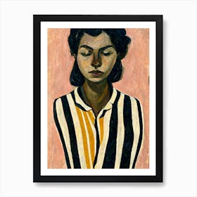 Portrait Of A Woman Wearing A Striped Shirt Pink Background Art Print