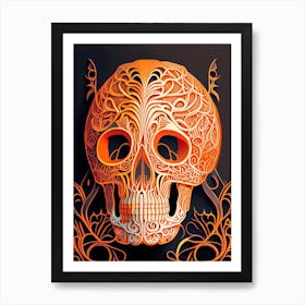 Skull With Intricate Linework 2 Orange Line Drawing Art Print
