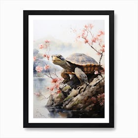 Turtle, Japanese Brush Painting, Ukiyo E, Minimal 3 Art Print