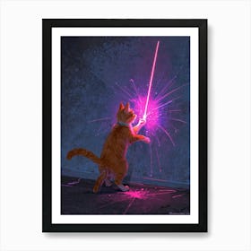 Cat Playing With Light Saber Art Print