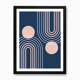 Mid Century Modern Geometric B32 In Navy Blue And Pastel Pink (Rainbow And Sun Abstract) 01 Art Print