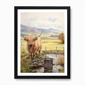 Highland Cow Drinking Water From Trough 1 Art Print