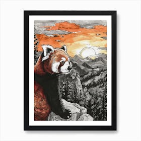 Red Panda Looking At A Sunset From A Mountaintop Ink Illustration 1 Art Print