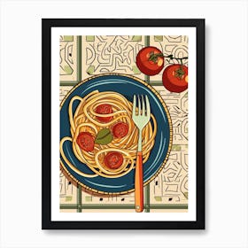Spaghetti & Tomatoes On A Tiled Background Art Print