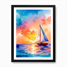 Watercolor Sailboat At Sunset Art Print