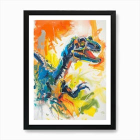 Dinosaur Running Blue Orange Brushstrokes 1 Art Print