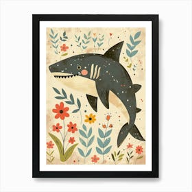 Muted Pastel Cute Shark With Flowers Illustration 3 Art Print