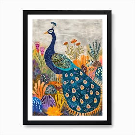 Folky Floral Peacock With The Big Leaves 1 Art Print