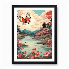 Butterflies At Sunset By The River Japanese Style Painting 3 Art Print