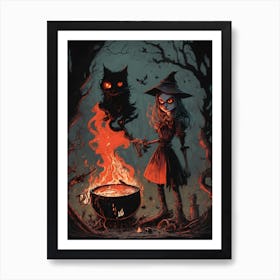 Witch Girl's Feline Sorcery Art Print