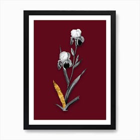 Vintage Elder Scented Iris Black and White Gold Leaf Floral Art on Burgundy Red Art Print