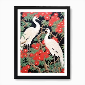 Cranes In Bush Clover Vintage Japanese Botanical Art Print