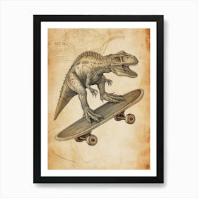 Vintage Camarasaurus Dinosaur On A Skateboard 2 Art Print