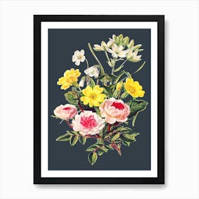 Vintage Floral Bouquet Flowers Illustration Grey Art Print