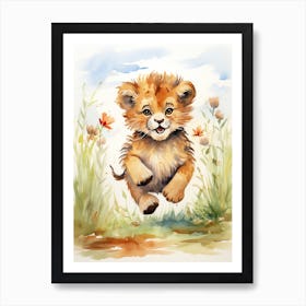 Running Watercolour Lion Art Painting 1 Art Print