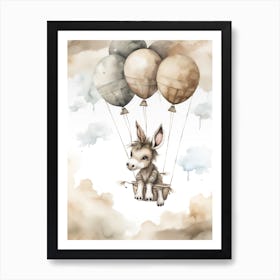 Baby Donkey Flying With Ballons, Watercolour Nursery Art 2 Art Print