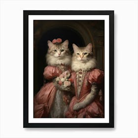 Two Cats In Pink Blush Medieval Cats Rococo Style Art Print