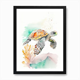 A Single Sea Turtle In Coral Reef, Sea Turtle Minimalist Watercolour 2 Art Print