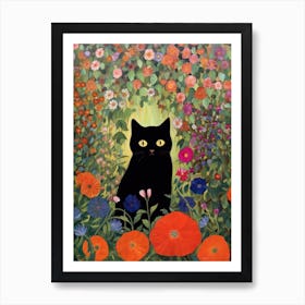 Flower Garden And A Black Cat, Inspired By Klimt 5 Art Print