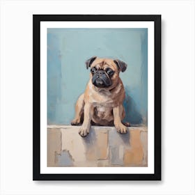 Pug Dog, Painting In Light Teal And Brown 1 Art Print