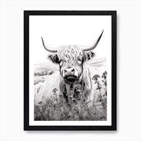 Black & White Illustration Of Highland Cow With Wild Flowers Art Print