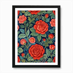 William Morris Red Roses On A Blue Background Art Print