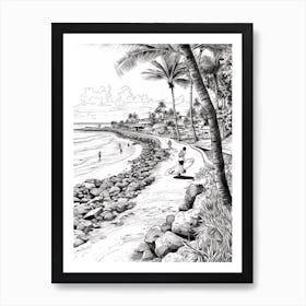 View Of Oahu Hawaii, Usa Line Art Black And White 1 Art Print