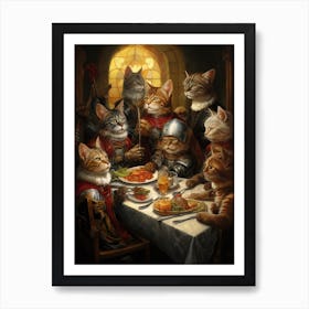 Cat Solidiers Banqueting In The Style Of A Romanesque Oil Painting Art Print