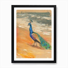 Peacock Walking On The Beach Oil Pastel Inspired Art Print