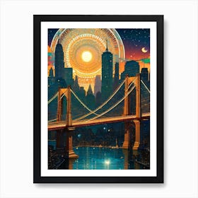 New York City Skyline - Brooklyn Bridge Trippy Abstract Cityscape Iconic Wall Decor Visionary Psychedelic Fractals Fantasy Art Cool Full Moon Third Eye Space Sci-fi Awesome Futuristic Ancient Paintings For Your Home Gift For Him Art Print