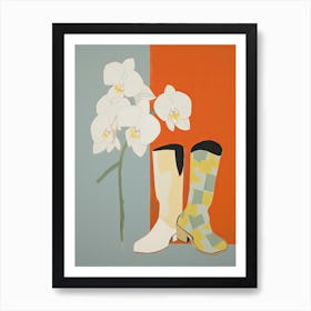 A Painting Of Cowboy Boots With White Flowers, Pop Art Style 15 Art Print