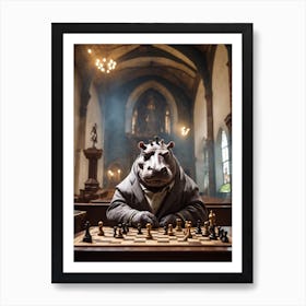 Hippo playing chess in a church Art Print