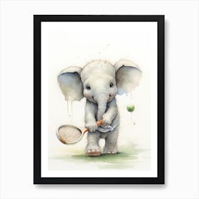Elephant Painting Playing Tennis Watercolour 1 Art Print