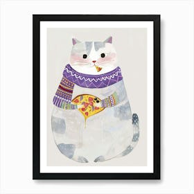 Happy Grey And White Cat Pizza Lover Folk Illustration 3 Art Print