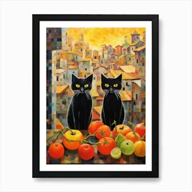 Black Cats With Fruit In Front Of A City From The Middle Ages Art Print