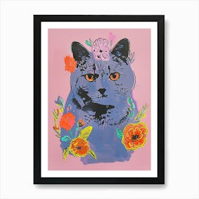 Cute British Shorthair Cat With Flowers Illustration 2 Art Print