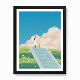 Minimal art illustration Girl And A cat In the afternoon Art Print