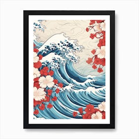 Great Wave With Plumeria Flower Drawing In The Style Of Ukiyo E 3 Art Print