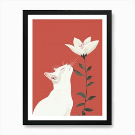 White Cat Smelling Flower Art Print