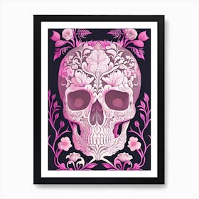 Skull With Floral Patterns Pink Line Drawing Art Print