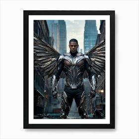 Futuristic Superhero With Steel Wings Displaying A Detailed Realistic Human Face Amidst A Dystopia Art Print