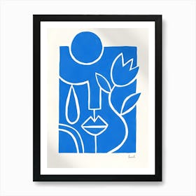 Blue and white face and rose drawing lin art Art Print