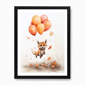 Red Fox Flying With Autumn Fall Pumpkins And Balloons Watercolour Nursery 4 Art Print