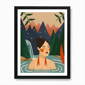 Asian Woman Girl Inside Water, Waterfall, Mountains Art Print