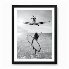 Hang Loose - Aircraft Coming in For Landing - Surfboard Beach Girl Art Print