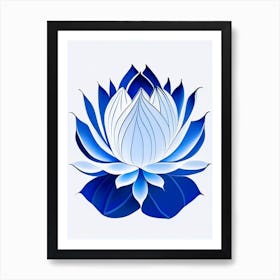 Lotus Flower Symbol Blue And White Line Drawing Art Print