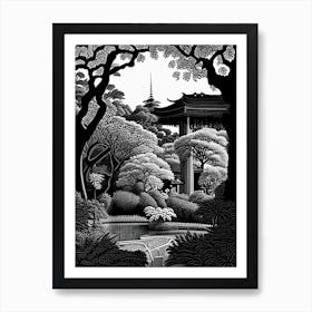 Shinjuku Gyoen National Garden, Japan Linocut Black And White Vintage Art Print