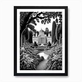 Schönbrunn Palace Gardens, 1, Austria Linocut Black And White Vintage Art Print