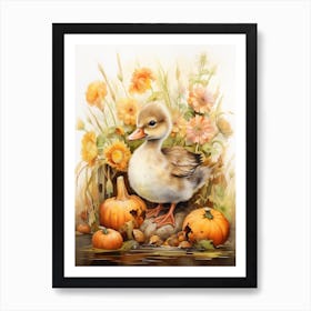 Autumnal Pumpkin Duckling Painting 3 Art Print