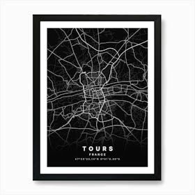 Tours France Black Map Art Print